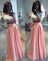 Beautiful Two Piece Prom Dresses Off The Shoulder White Lace Coral-Pink Satin Long Prom Gowns for Party
